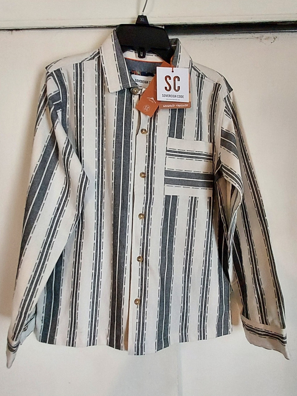 Sovereign Code Boys Medium White & Gray Striped Button-Up Shirt